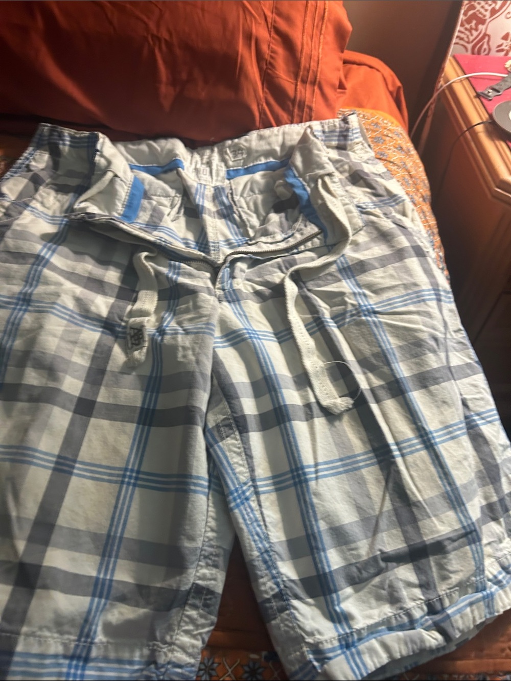 Aeropostale Men’s Light Blue and Gray Plaid Flat Front Shorts